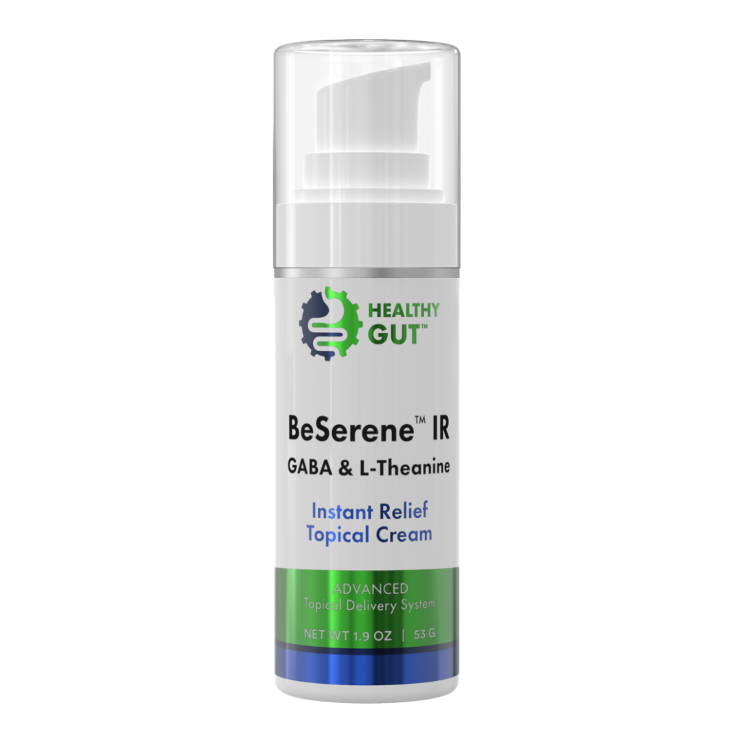 BeSerene IR topical cream bottle with 'Healthy Gut' branding on a white background