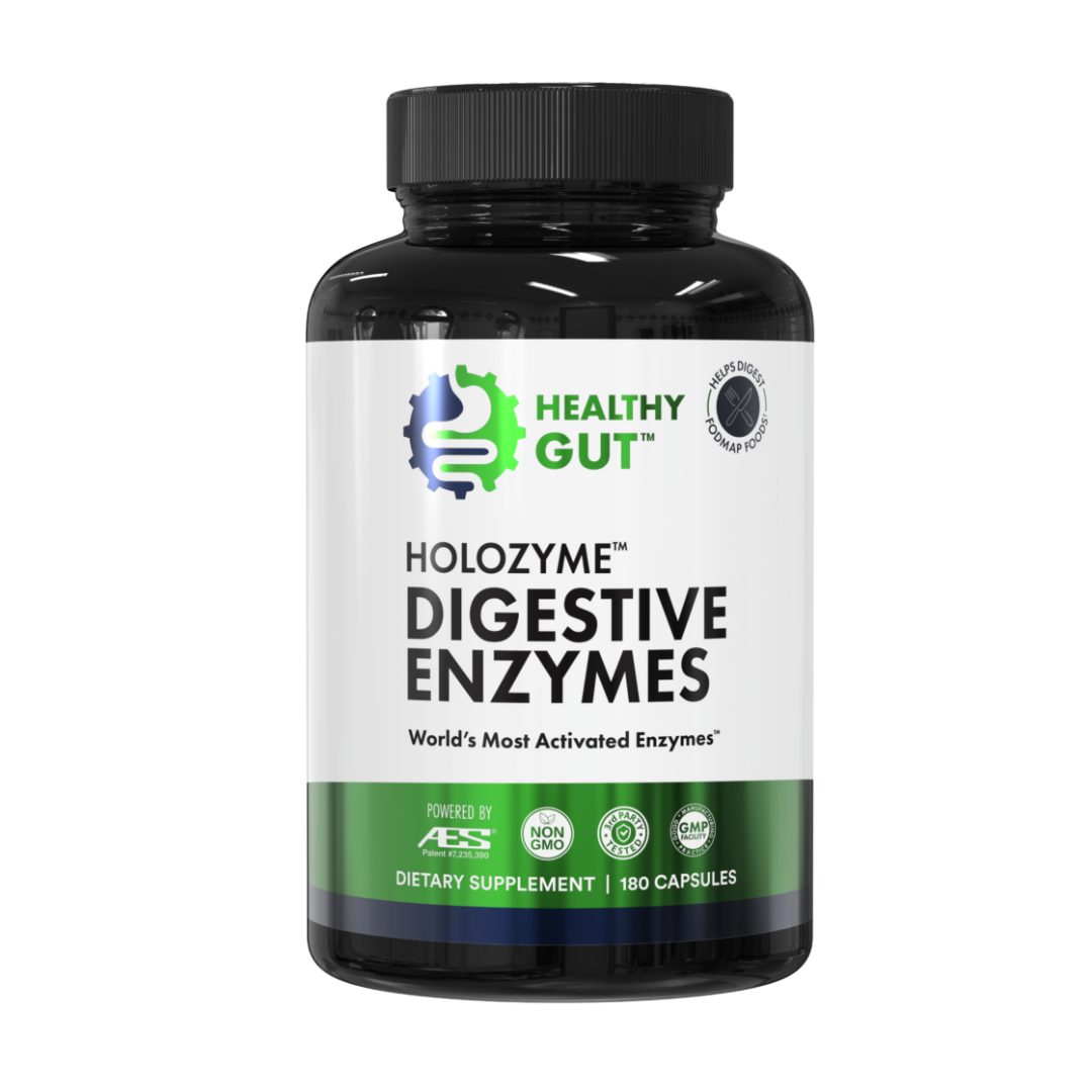 Bottle of Healthy Gut Holozyme Digestive Enzymes on a white background