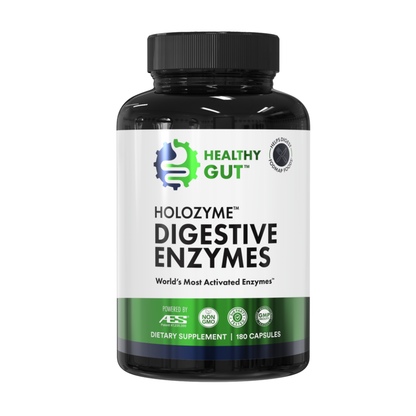 Bottle of Healthy Gut Holozyme Digestive Enzymes on a white background