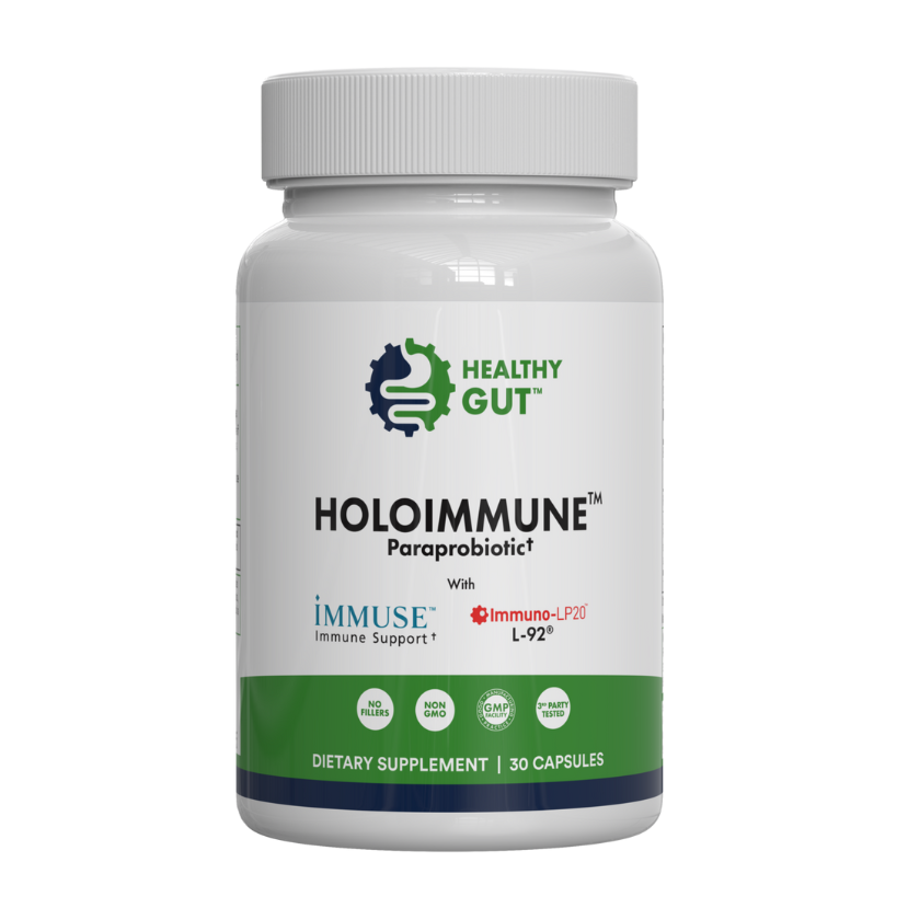 Supplement bottle labeled 'Holoimmune' by 'Healthy Gut' on a white background