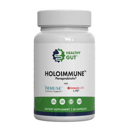 Supplement bottle labeled 'Holoimmune' by 'Healthy Gut' on a white background