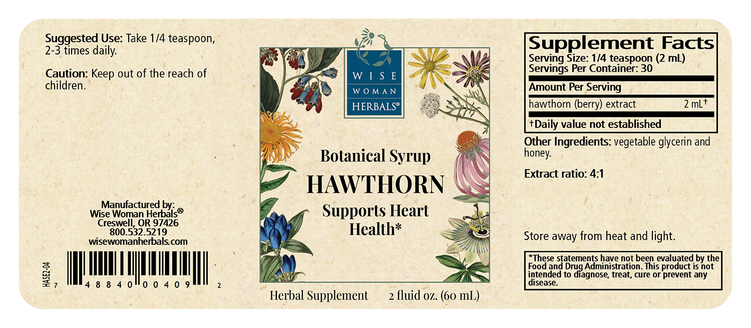 Label of Hawthorn botanical syrup supplement with herbal design and text.