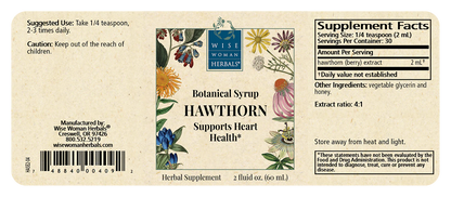 Label of Hawthorn botanical syrup supplement with herbal design and text.