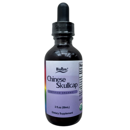 A bottle of BioPure Chinese Skullcap dietary supplement, with a label indicating the herb's traditional use for "mood, immune and neurological support'.