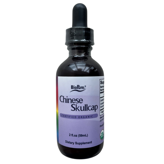 A bottle of BioPure Chinese Skullcap dietary supplement, with a label indicating the herb's traditional use for "mood, immune and neurological support'.