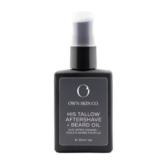 Black bottle of 'His Tallow Aftershave + Beard Oil' by Own Skin Co. on a white background
