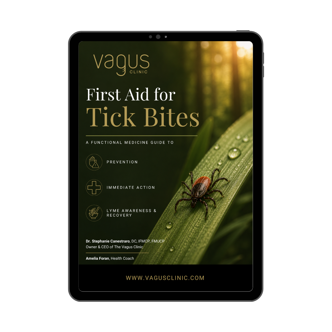 A tablet device displaying a digital guide cover titled "Vagus Clinic First Aid for Tick Bites" on a clean white background.