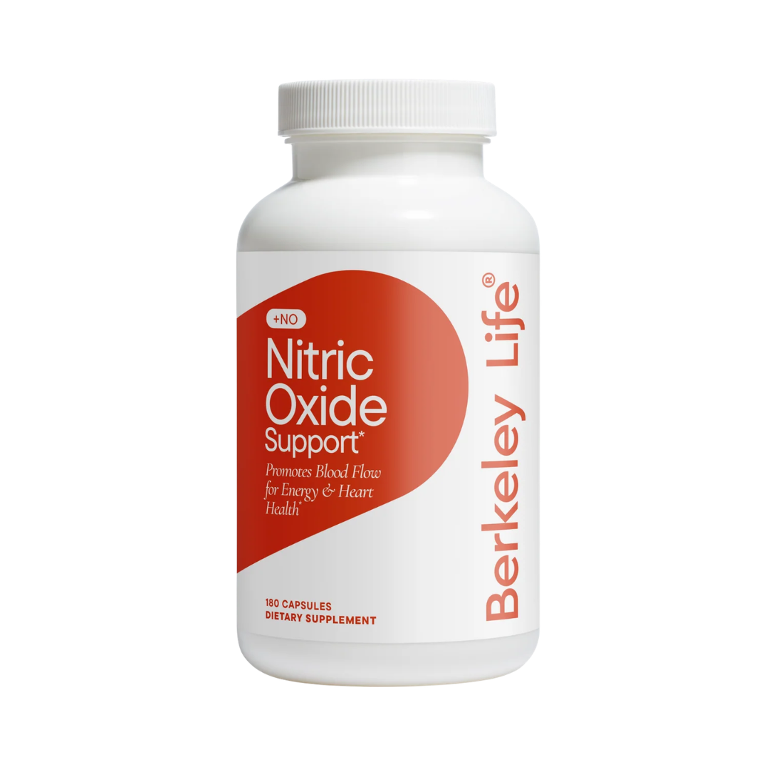 Supplement bottle labeled 'Nitric Oxide Support' by Berkeley Life on a white background