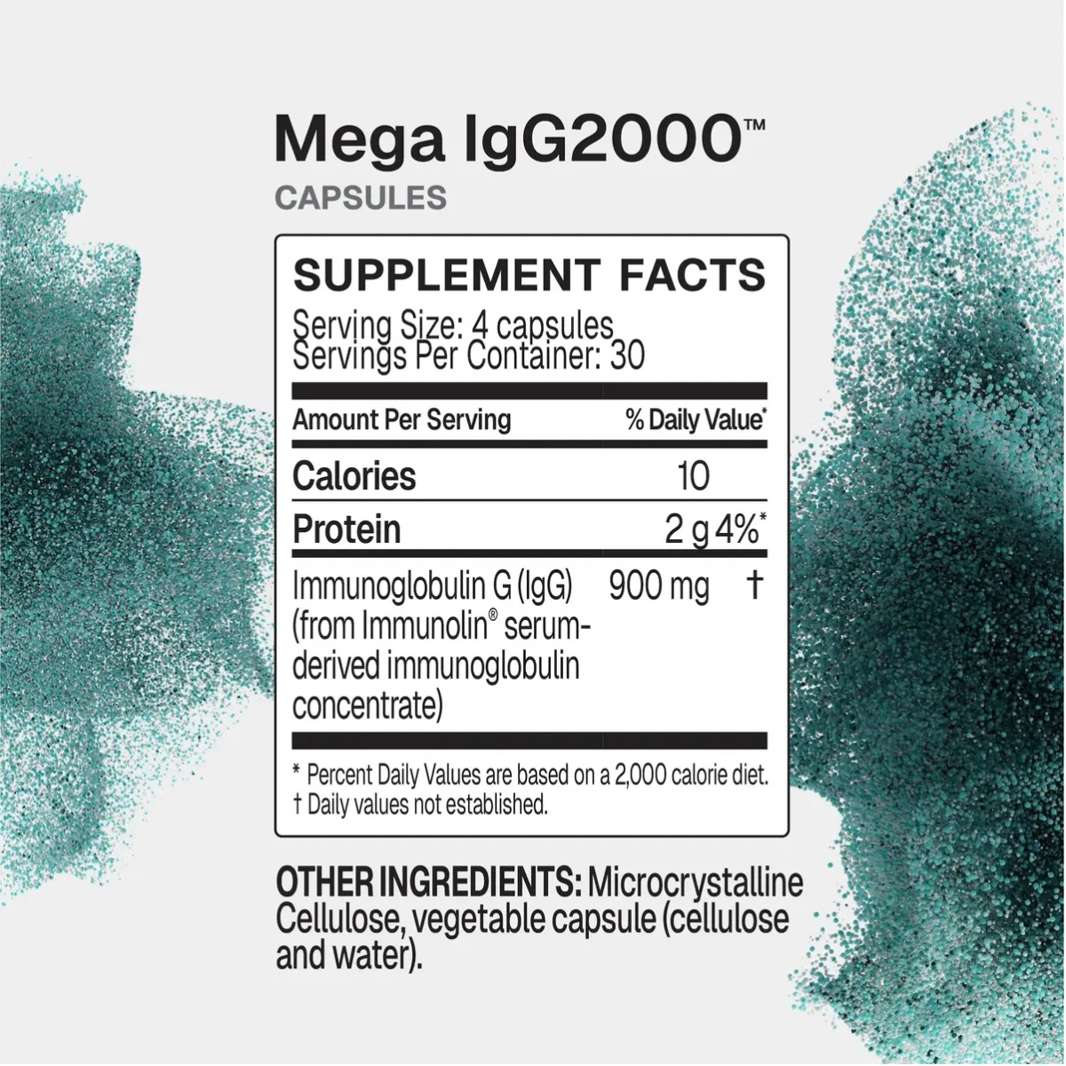 Supplement facts label for Mega IgG2000 capsules, showing serving size 4 capsules, 30 servings per container, with nutrition details for calories and protein, plus other ingredients listed below on a white background with teal textured side accents.