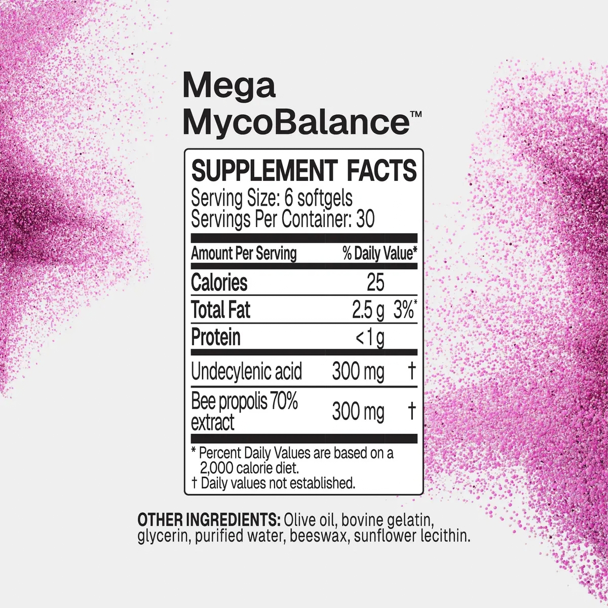 A supplement facts label for Mega MycoBalance, showing a white rectangular box with black text and a pink-purple powder spill graphic on a light gray background.