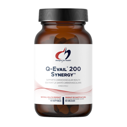 Brown supplement bottle labeled 'Q-Evail 200 Synergy' on a white background