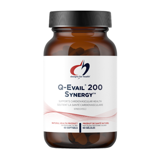 Brown supplement bottle labeled 'Q-Evail 200 Synergy' on a white background