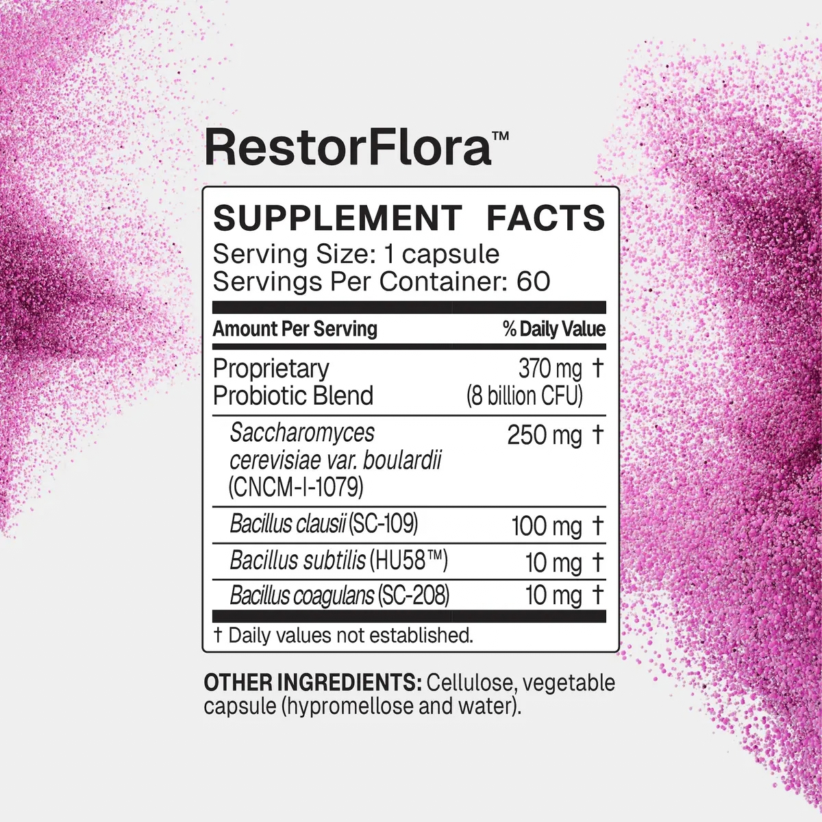 A supplement facts label for RestorFlora probiotic capsules, shown on a light gray background with pink powder spilled along the top and bottom edges. The label lists serving size as 1 capsule, 60 servings per container, with listed ingredients including proprietary and probiotic blend components.