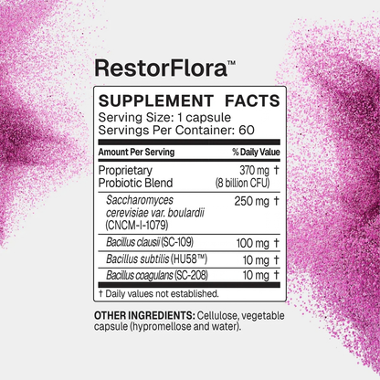 A supplement facts label for RestorFlora probiotic capsules, shown on a light gray background with pink powder spilled along the top and bottom edges. The label lists serving size as 1 capsule, 60 servings per container, with listed ingredients including proprietary and probiotic blend components.