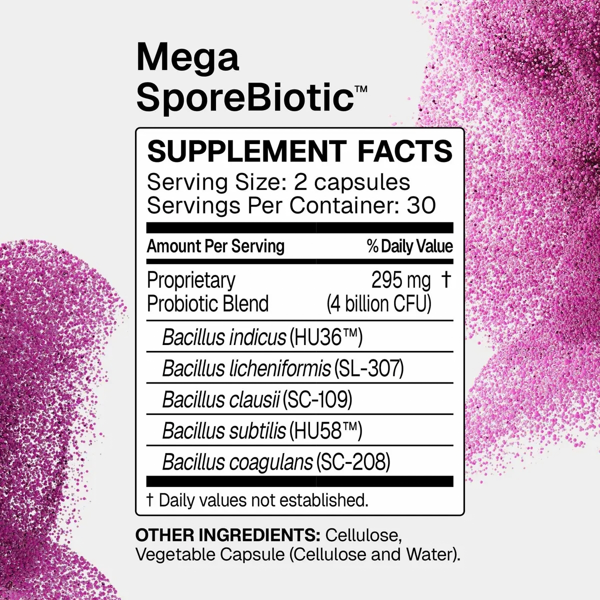 A supplement facts label reading 'Mega SporeBiotic' with a white box centered on a light gray background and pink glittery decorative accents at the top right and bottom left. The label lists serving size 2 capsules, 30 servings per container, and a proprietary probiotic blend with listed bacterial strains.
