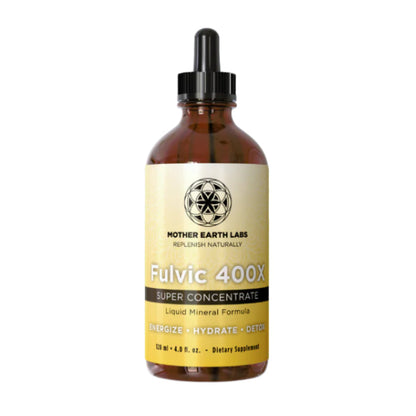 Bottle of Fulvic 400X supplement from Mother Earth Labs on a white background