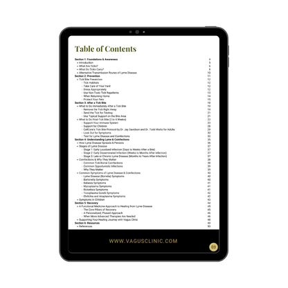 A black tablet device displaying a printed-style table of contents page with green and black text on a white background. The tablet is centered on a plain white background, and the screen content is legible enough to show the document layout.