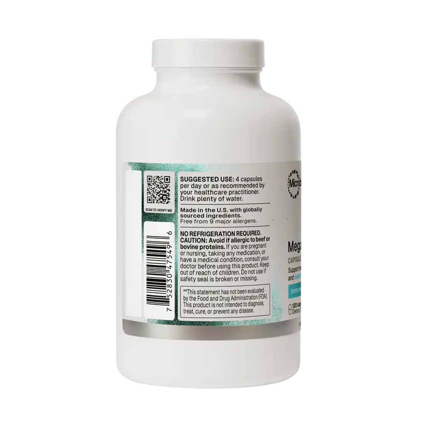 A white plastic bottle of Mega Strength Multivitamin shown from the back, displaying the label with text, a barcode, and a QR code on a solid white background.