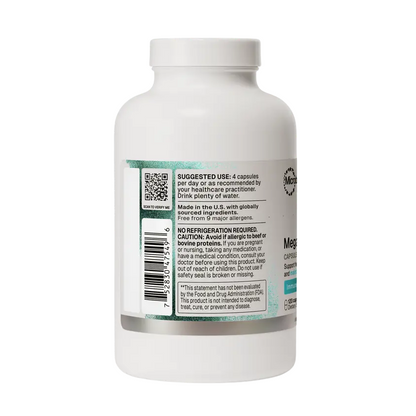 A white plastic bottle of Mega Strength Multivitamin shown from the back, displaying the label with text, a barcode, and a QR code on a solid white background.