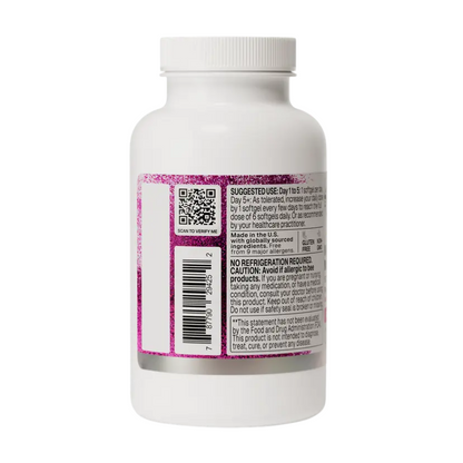 A white plastic supplement bottle shown from the back, featuring a white label with a prominent pink glittery side border, a barcode, and a QR code on a plain white background.
