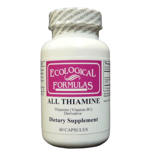 A white plastic bottle of Ecological Formulas All Thiamine dietary supplement with a white and magenta label, sealed with a protective foil cap.