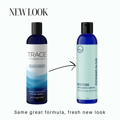Two Trace Pure Ocean Minerals bottles with a new look label on a white background