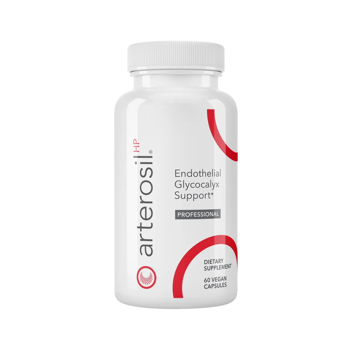 A white plastic bottle of arterosil HP Endothelial Glycocalyx Support dietary supplement, featuring a white cap and a white label with red and gray text and graphic accents.