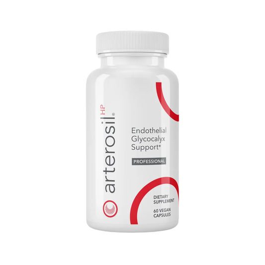 A white plastic bottle of arterosil HP Endothelial Glycocalyx Support dietary supplement, featuring a white cap and a white label with red and gray text and graphic accents.