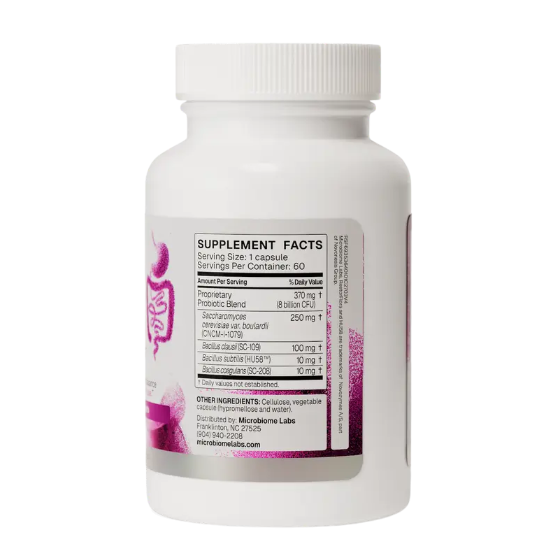 A white plastic bottle of dietary supplements with a white ribbed cap, showing the Supplement Facts label on a plain white background.