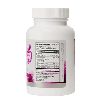A white plastic bottle of dietary supplements with a white ribbed cap, showing the Supplement Facts label on a plain white background.