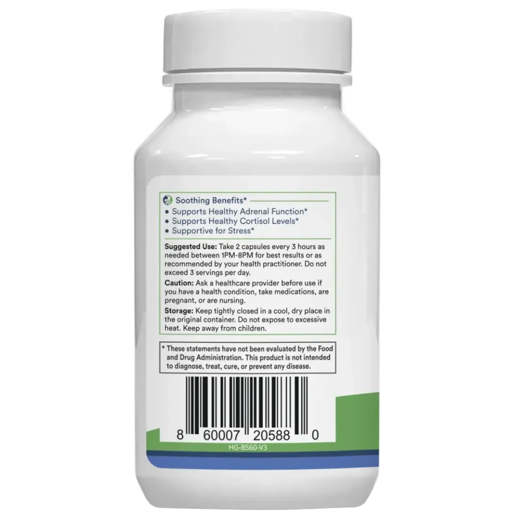 Supplement bottle label with text and bar code on a white background