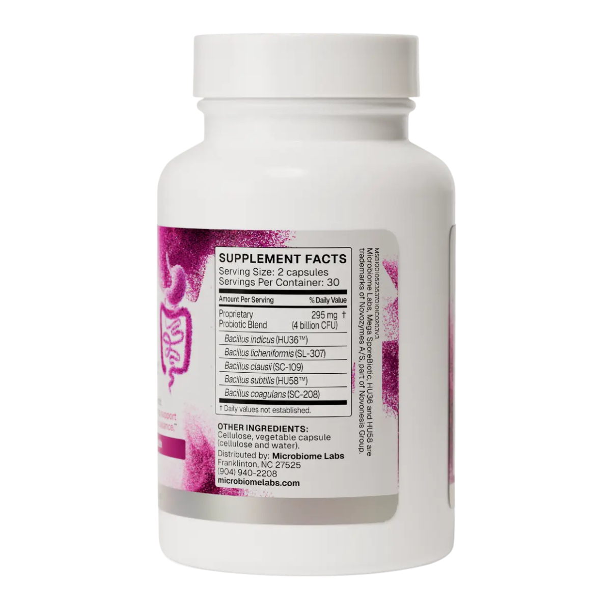 A white plastic bottle of Microbiome Labs digestive supplement capsules, showing the back label with supplement facts and purple graphic illustrations of the digestive tract.