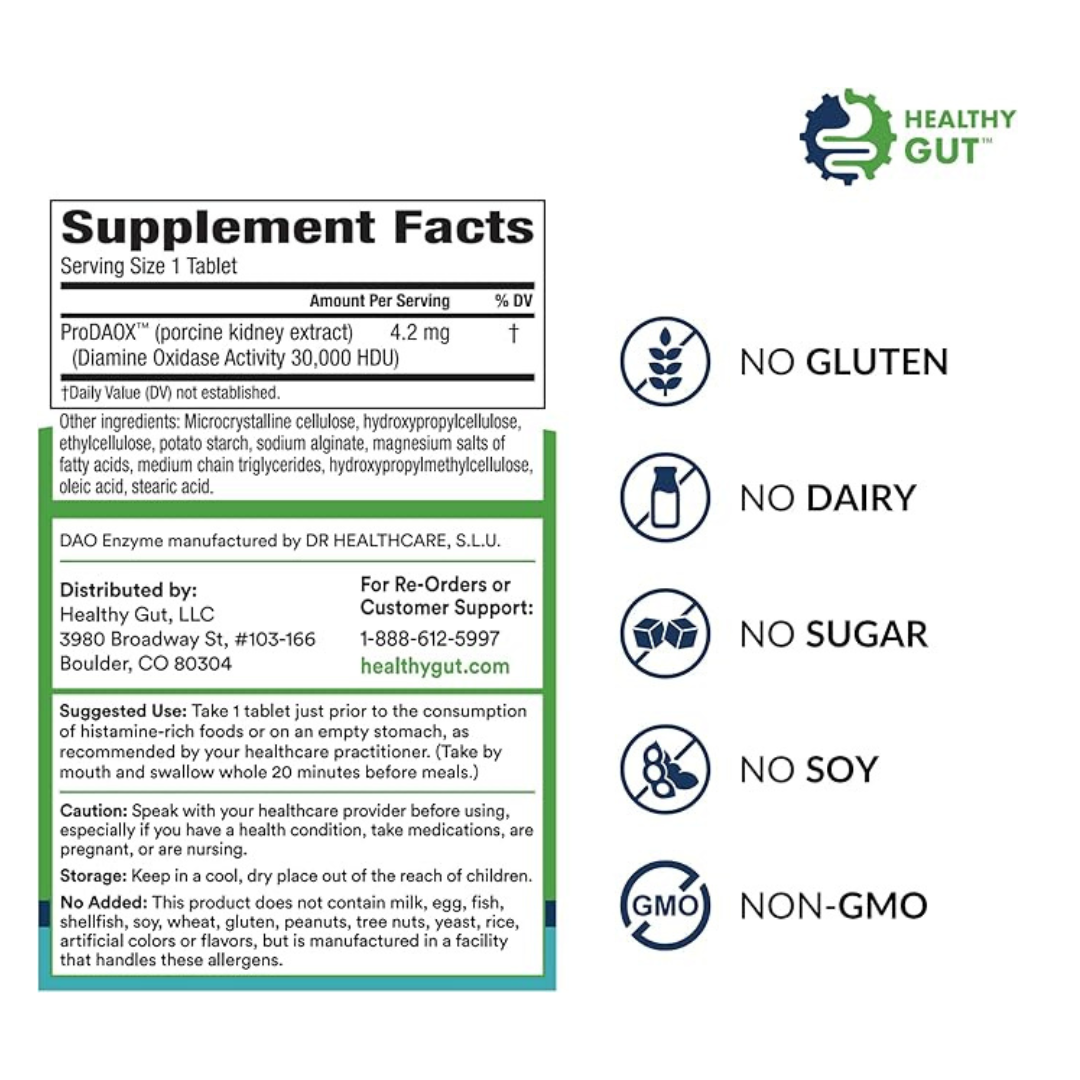 Supplement facts label for Healthy Gut product with icons indicating allergen-free status.