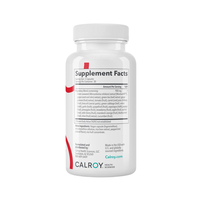 A white plastic bottle of Calroy Health Sciences dietary supplement capsules, showing the Supplement Facts label on a clean white background.