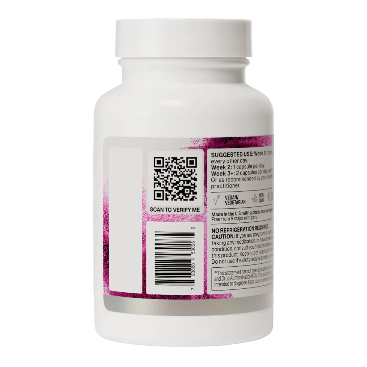 White plastic supplement bottle shown from the back, featuring a white label with pink glitter accents, a QR code, barcode, and usage instructions on a plain white background.