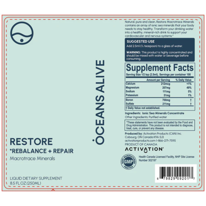 Label of Oceans Alive Activation supplement with text and graphics on a light blue background