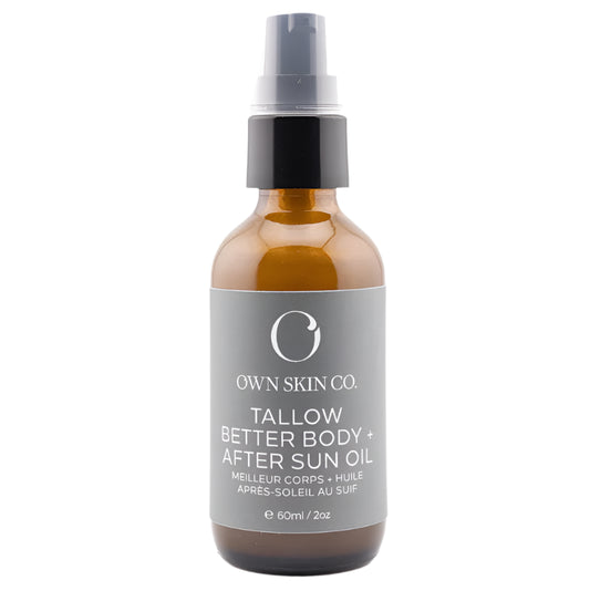 Bottle of Own Skin Co. tallow better body after sun oil on a white background