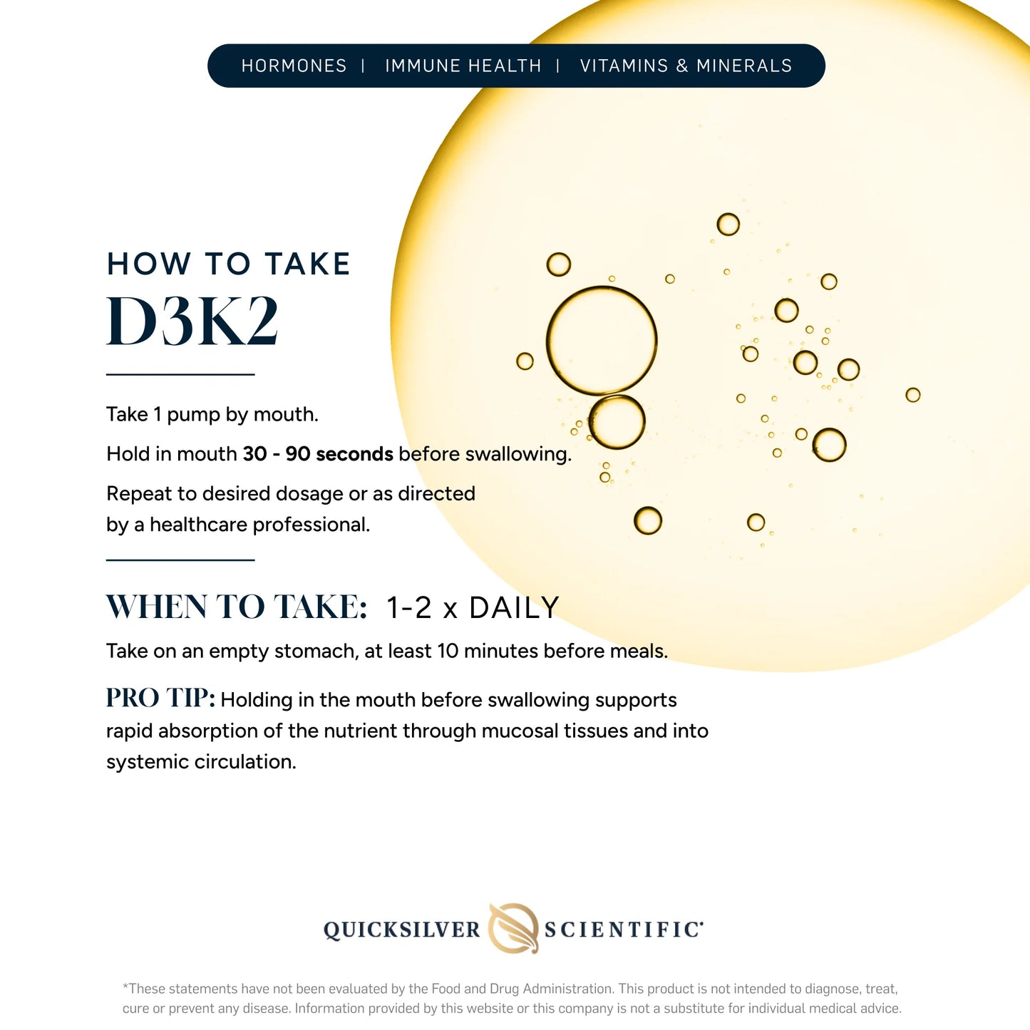 Instructions on how to take D3K2 with a Quicksilver Scientific logo.