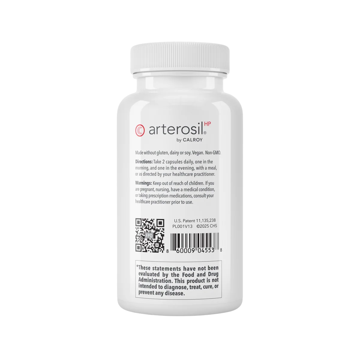 A white plastic bottle of Arterosil by Calyco, shown from the back against a plain white background, displaying the label with text, a QR code, and a barcode.