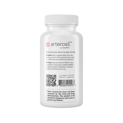 A white plastic bottle of Arterosil by Calyco, shown from the back against a plain white background, displaying the label with text, a QR code, and a barcode.