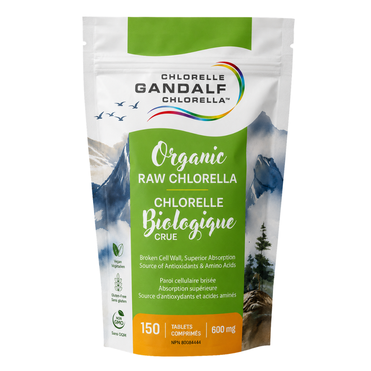 A stand-up pouch of Chlorella Gandalf Chlorella Organic Raw Chlorella Crude tablets, featuring a green and white design with mountain graphics and an orange band at the bottom indicating 150 tablets.