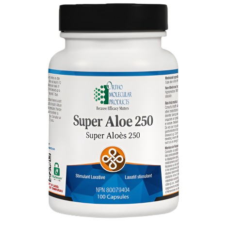 A bottle of Super Aloe 250 capsules by Ortho Molecular Products, intended for occasional constipation relief.