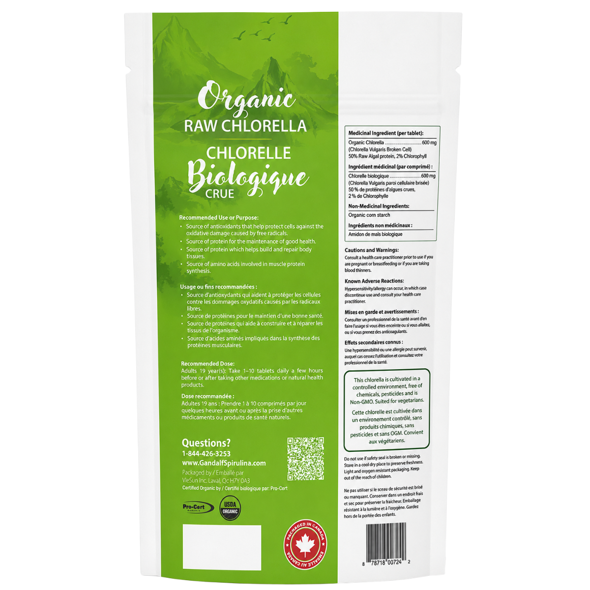 Back view of a white stand-up pouch of organic raw chlorella with a green side panel showing product details, ingredients, and a Canadian maple leaf logo.