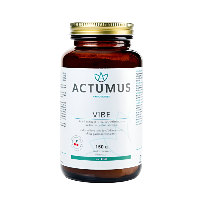 A bottle of Actumus VIBE, a dietary supplement in liquid form, with a label indicating it is for gastrointestinal health, 150 mL.
