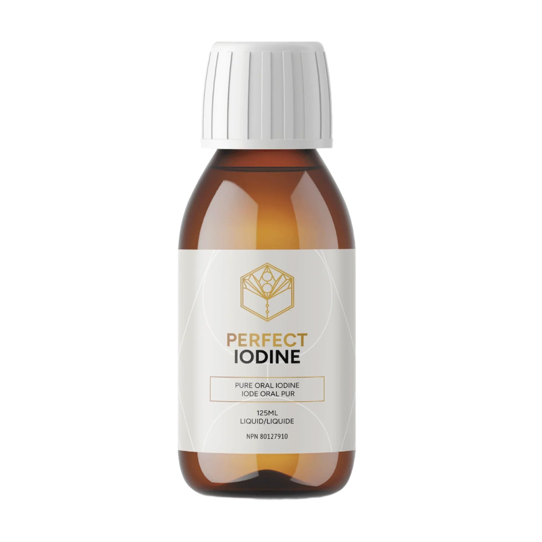 A bottle of Perfect Iodine by Activation with a white label, brown liquid, and a white cap.