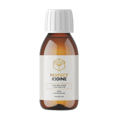 A bottle of Perfect Iodine by Activation with a white label, brown liquid, and a white cap.