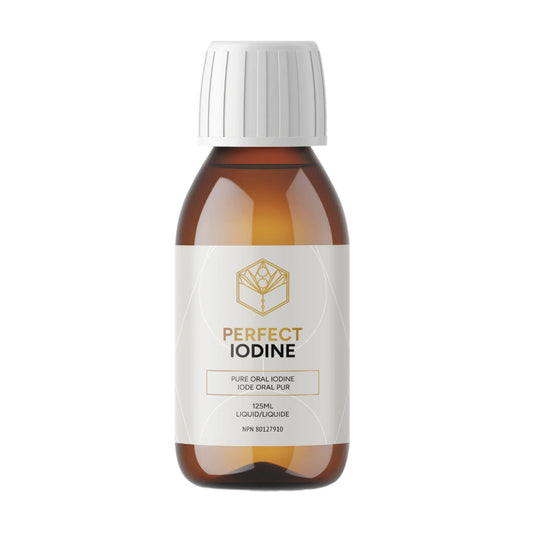 A bottle of Perfect Iodine by Activation with a white label, brown liquid, and a white cap.