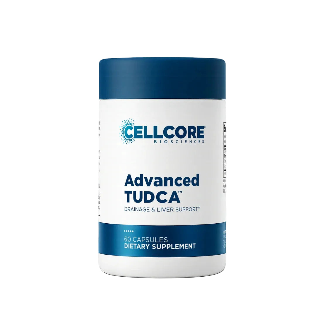 A white bottle of Cellcore Biosciences Advanced TUDCA dietary supplement with a dark blue cap and blue text, shown on a clean white background.