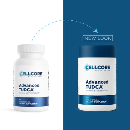 Two supplement bottles from Cellcore Biosciences labeled HM-ET Binder are shown side by side on a split white and dark blue background, with a dashed arrow and the words 'NEW LOOK' indicating a product design update.