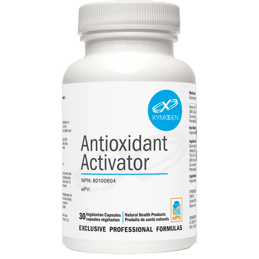 White supplement bottle labeled 'Antioxidant Activator' with Xymogen logo on a white background
